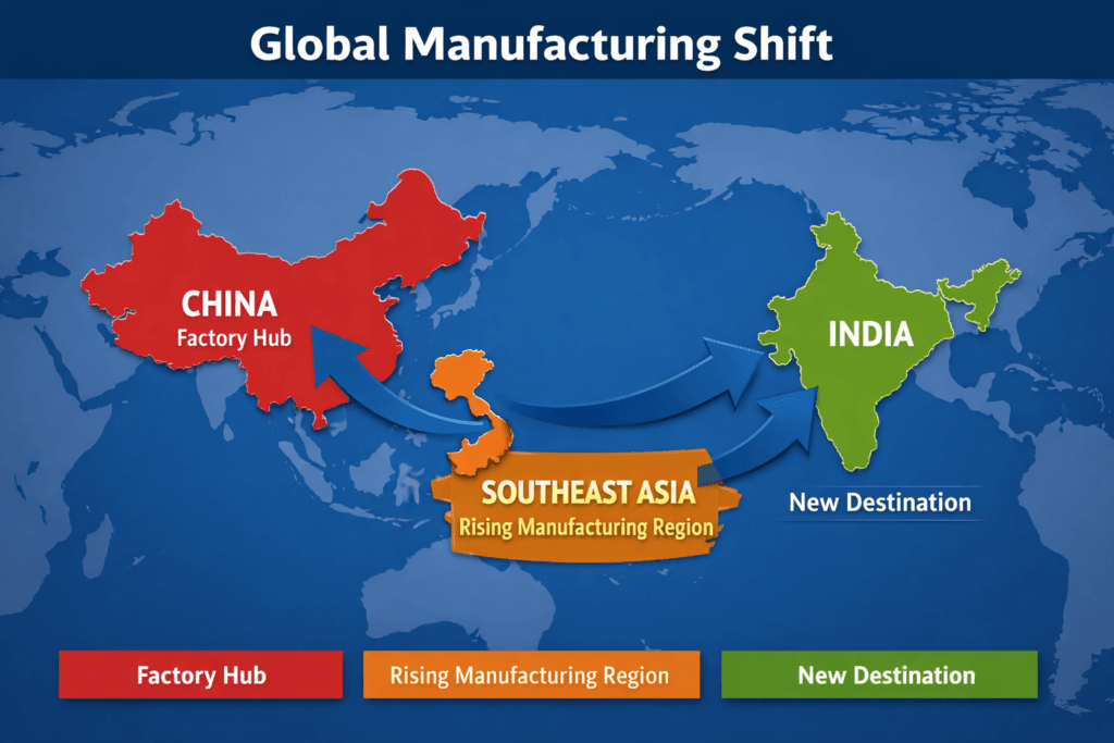 Peta pergeseran rantai pasok global dari China ke ASEAN dan India dalam relokasi manufaktur dunia