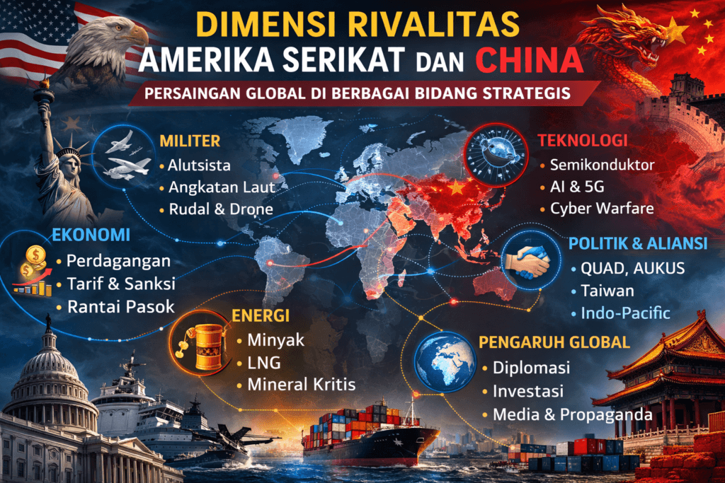 ilustrasi dimensi rivalitas amerika serikat dan china militer ekonomi teknologi geopolitik