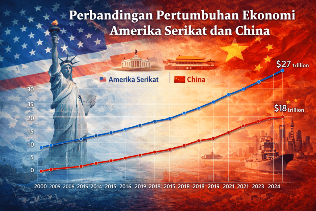 ilustrasi grafik perbandingan pertumbuhan ekonomi amerika serikat dan china gdp global