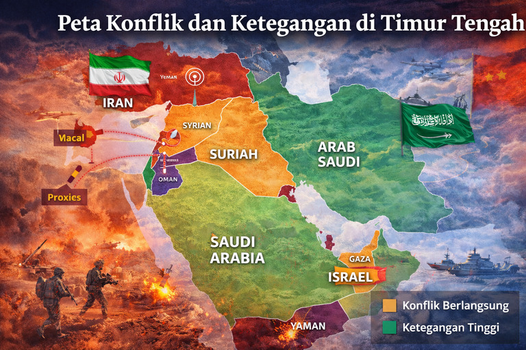 Timur Tengah menjadi salah satu kawasan dengan konflik geopolitik paling kompleks. Peta menunjukkan lokasi konflik aktif (Israel-Gaza, Yaman, Suriah), jalur energi kritis (Selat Hormuz, Terusan Suez), dan kehadiran militer kekuatan besar. Sumber: CSIS Middle East Program, IISS Military Balance, diolah MCE Press.