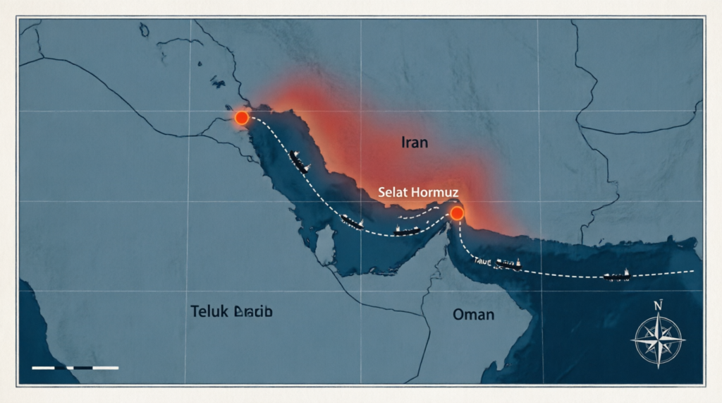 eta rute kapal tanker Pertamina melalui Selat Hormuz dengan overlay zona ketegangan geopolitik Iran. Menunjukkan jalur pelayaran dari Teluk Persia ke Laut Arab dengan marker area berisiko tinggi.