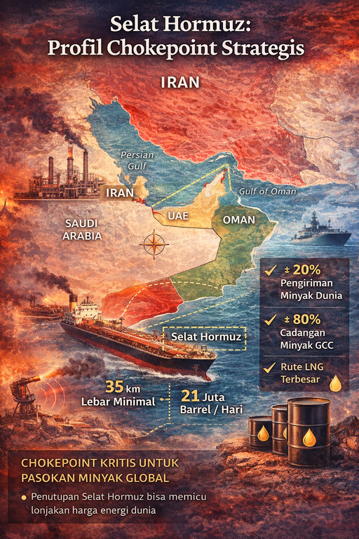 Selat Hormuz menghubungkan produsen Teluk dengan pasar global. Dengan lebar efektif hanya 3 km untuk jalur tanker, selat ini rentan terhadap gangguan asimetris. Alternatif pipelines tidak dapat menggantikan kapasitas penuh jika terjadi blokade. Sumber: CSIS Energy Security, EIA, diolah MCE Press.