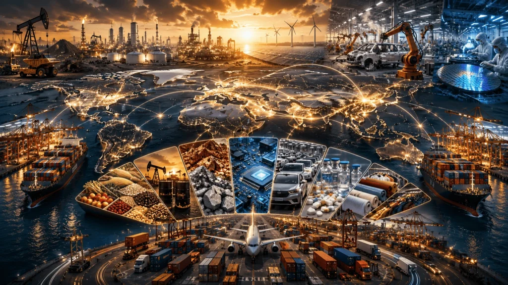 Infografis peta rantai pasok global yang menyoroti posisi Indonesia sebagai produsen strategis komoditas kritis dan manufaktur di tengah fragmentasi ekonomi
