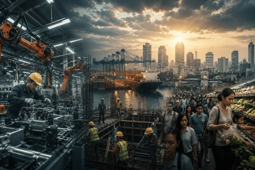 Ilustrasi perbandingan dampak sektoral perang tarif global terhadap industri, tenaga kerja, dan daya beli masyarakat Indonesia dengan data 2026