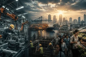 Ilustrasi perbandingan dampak sektoral perang tarif global terhadap industri, tenaga kerja, dan daya beli masyarakat Indonesia dengan data 2026