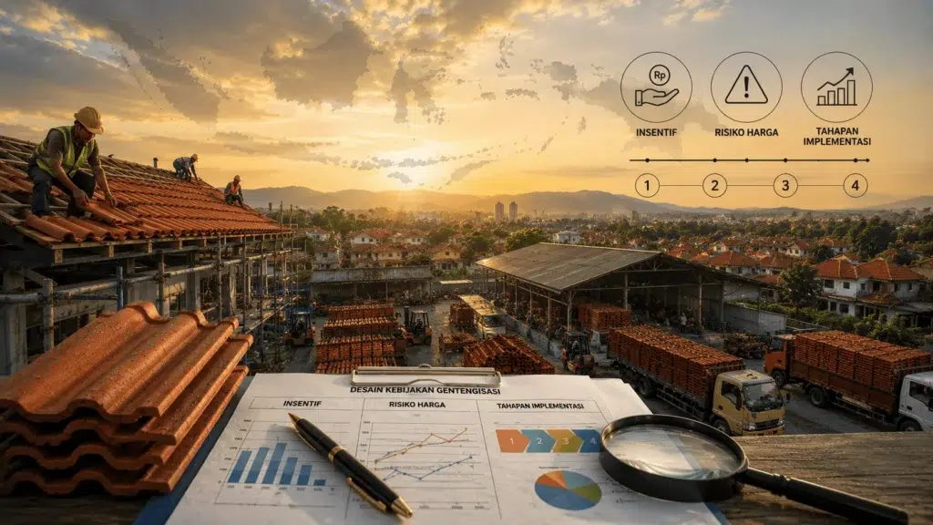 Infografik desain kebijakan gentengisasi, insentif, risiko harga, kapasitas industri, dan tahapan implementasi