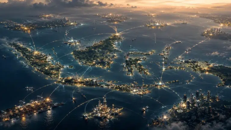 Visual konseptual posisi Indonesia di tengah fragmentasi perdagangan, rantai pasok, energi, dan sistem keuangan global.