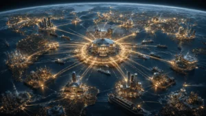 Arsitektur sistem keuangan global yang menghubungkan perdagangan internasional, pusat keuangan, energi, dan arus modal dunia
