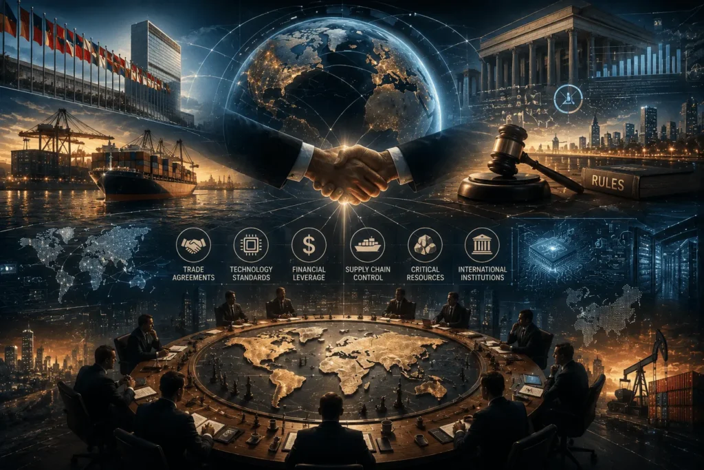 Infografis Piramida Instrumen Kekuasaan Modern: 8 lapisan dari Ideologi hingga Komoditas, menunjukkan evolusi economic statecraft dan posisi Indonesia sebagai rule taker yang perlu naik kelas