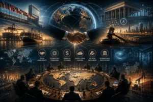 Infografis Piramida Instrumen Kekuasaan Modern: 8 lapisan dari Ideologi hingga Komoditas, menunjukkan evolusi economic statecraft dan posisi Indonesia sebagai rule taker yang perlu naik kelas