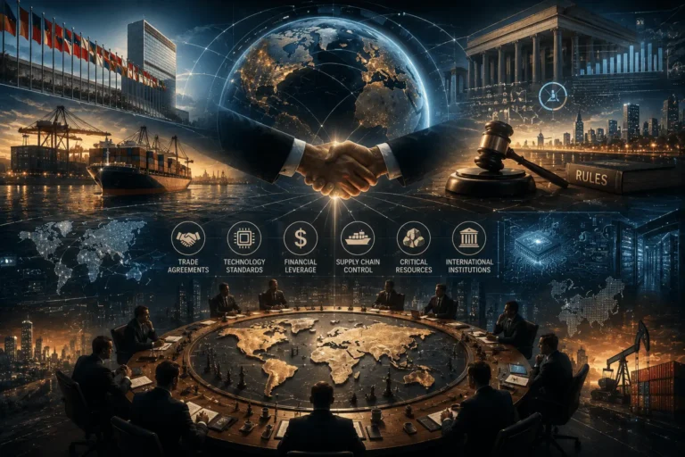 Infografis Piramida Instrumen Kekuasaan Modern: 8 lapisan dari Ideologi hingga Komoditas, menunjukkan evolusi economic statecraft dan posisi Indonesia sebagai rule taker yang perlu naik kelas