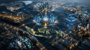 Ilustrasi sistem ekonomi global yang menunjukkan hubungan perdagangan, teknologi, energi, keuangan, dan rantai pasok dalam perang tarif global.