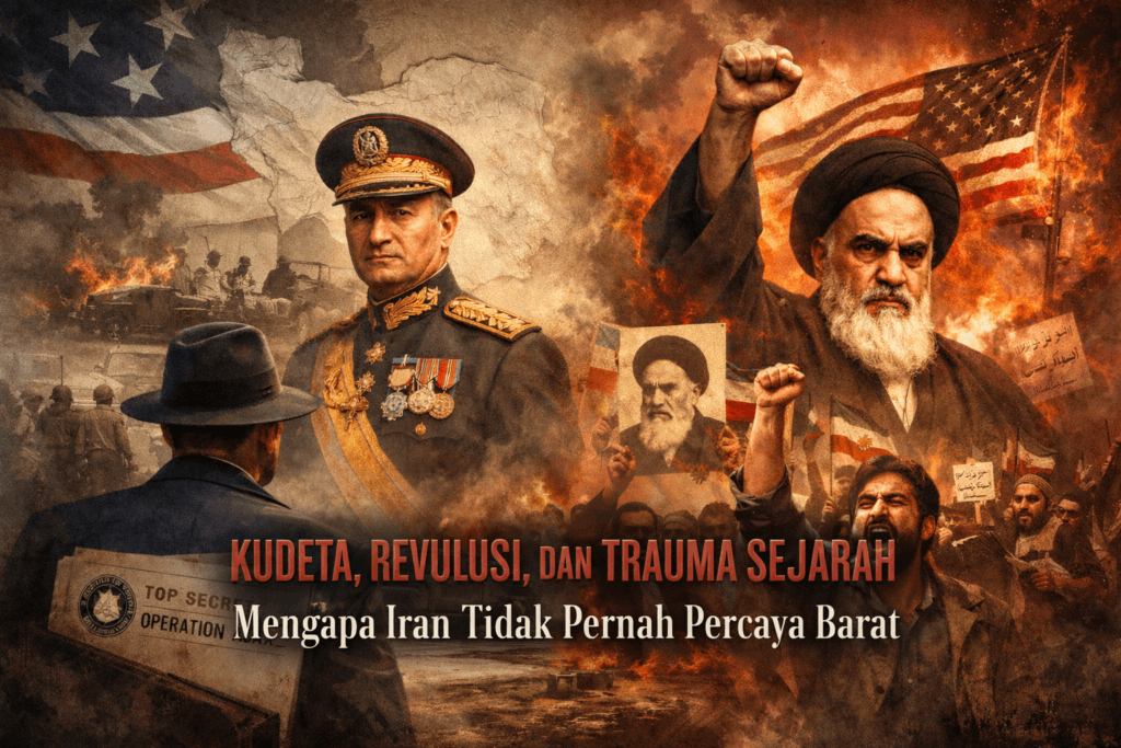 ilustrasi kudeta iran 1953 dan revolusi iran 1979 yang membentuk konflik sejarah antara iran dan barat