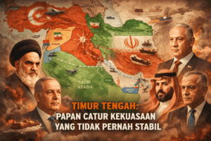ilustrasi peta geopolitik timur tengah yang menunjukkan rivalitas iran, arab saudi, israel, dan jalur energi kawasan
