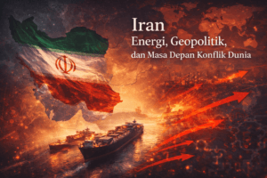Visual geopolitik Iran menampilkan peta Timur Tengah, Selat Hormuz, dan kapal tanker minyak yang melambangkan peran Iran dalam energi global dan konflik geopolitik dunia.
