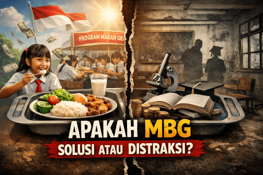 Ilustrasi anak sekolah Indonesia dihadapkan pada pilihan antara program makan bergizi gratis dan investasi kualitas pendidikan buku