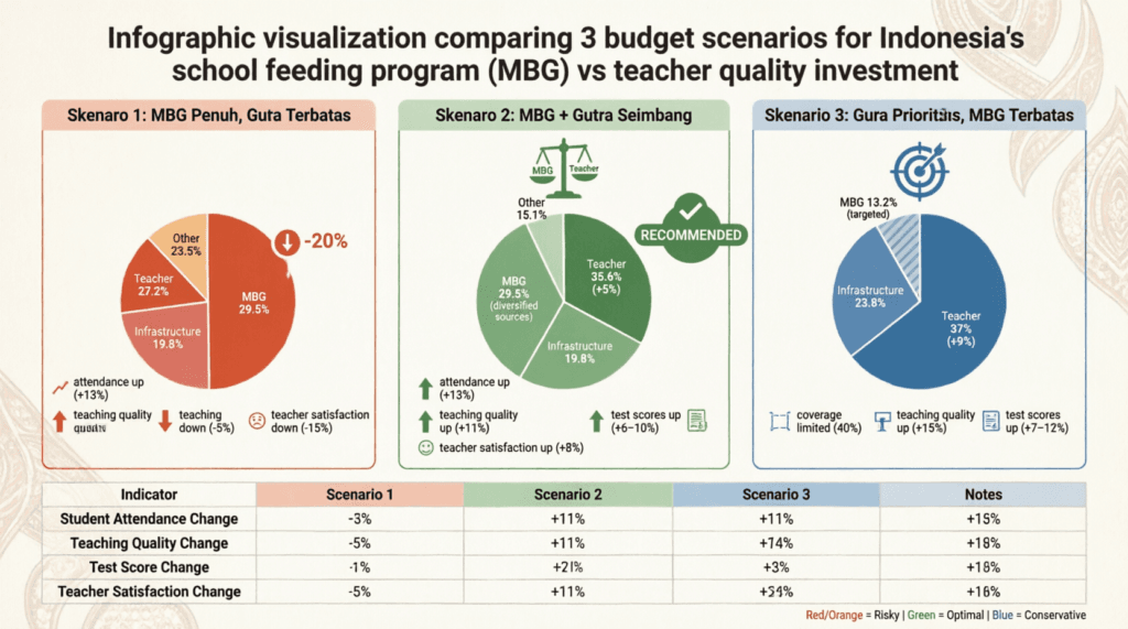 Perbandingan 3 skenario anggaran guru dan makan sekolah MBG: skenario 1 MBG penuh guru terbatas, skenario 2 seimbang recommended, skenario 3 guru prioritas dengan pie chart dan indikator dampak