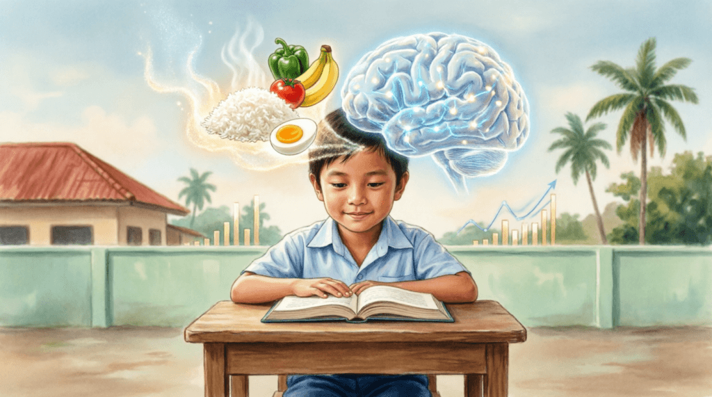 Ilustrasi anak sekolah Indonesia dengan visualisasi dampak gizi terhadap perkembangan otak dan prestasi belajar berbasis riset