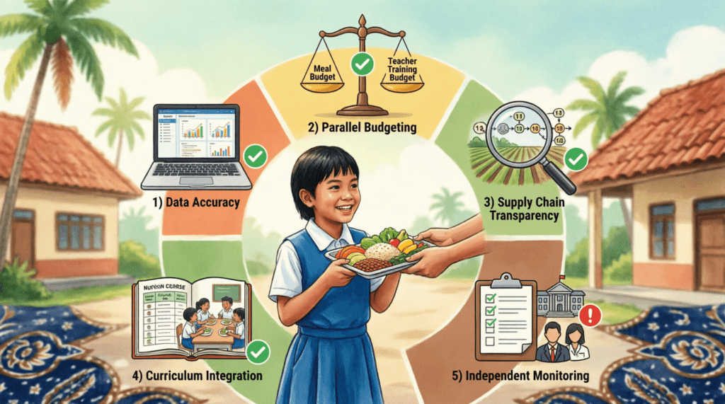 Infografis 5 syarat implementasi program makan bergizi gratis MBG: data akurat, parallel budgeting, transparansi rantai pasok, integrasi kurikulum, monitoring independen