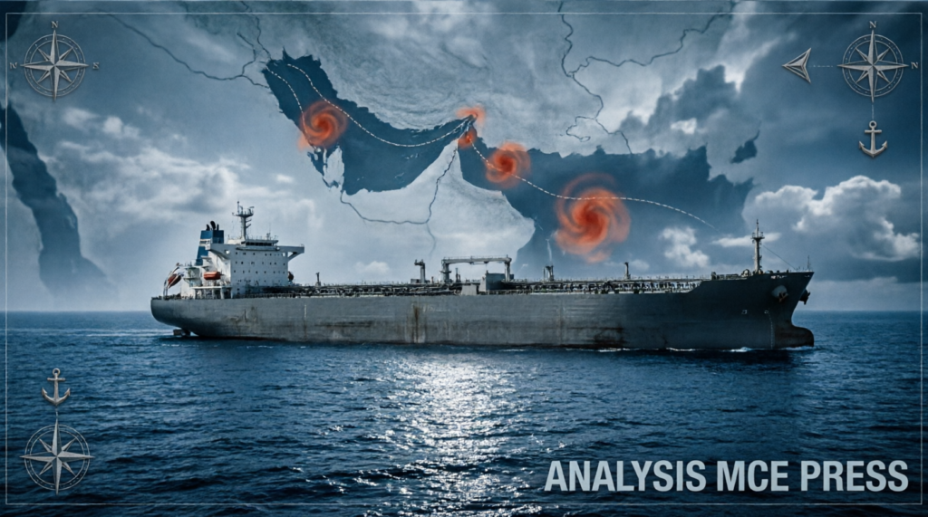 Ilustrasi kapal tanker VLCC Pertamina di perairan Selat Hormuz dengan overlay peta geopolitik menunjukkan zona ketegangan di Timur Tengah. Analisis MCE Press.