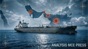 Ilustrasi kapal tanker VLCC Pertamina di perairan Selat Hormuz dengan overlay peta geopolitik menunjukkan zona ketegangan di Timur Tengah. Analisis MCE Press.