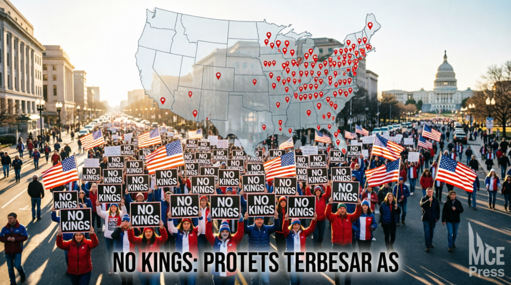 Demonstrasi No Kings terbesar dalam sejarah AS dengan 8,3 juta peserta di 3.300 lokasi. Peta Amerika Serikat menunjukkan sebaran protes di seluruh negara bagian. MCE Press.
