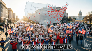 Demonstrasi No Kings terbesar dalam sejarah AS dengan 8,3 juta peserta di 3.300 lokasi. Peta Amerika Serikat menunjukkan sebaran protes di seluruh negara bagian. MCE Press.
