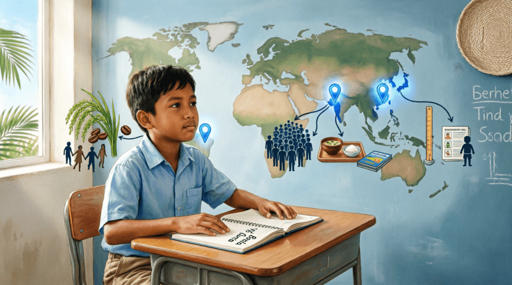 Ilustrasi anak Indonesia belajar dari program makan sekolah internasional Brasil India Jepang dan Filipina untuk implementasi MBG