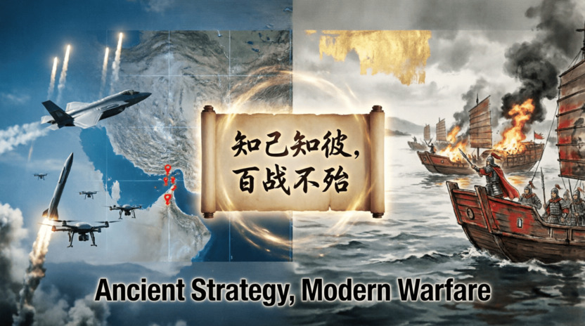 Paralel visual strategi perang: Tiga Kerajaan China kuno dan konflik Iran 2026 modern, disatukan oleh filosofi Sun Tzu