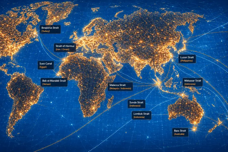 Peta geopolitik kawasan Indo-Pasifik dengan jalur perdagangan strategis dan titik konflik global
