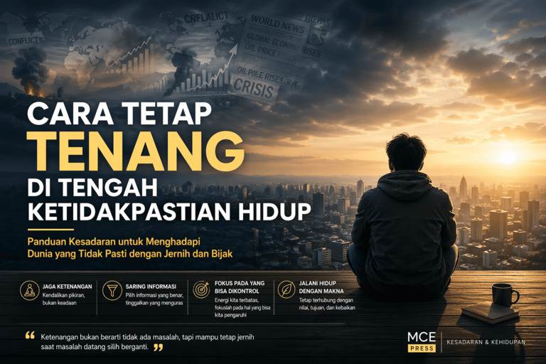 Orang menarik napas tenang sambil menutup aplikasi berita di ponsel
