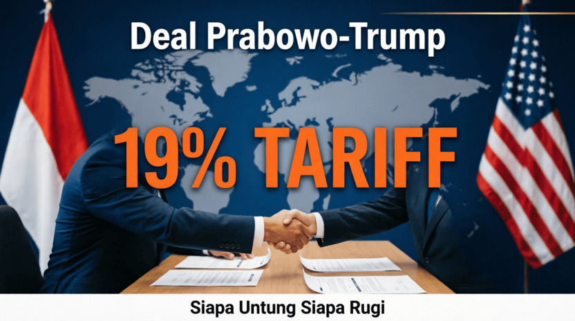 Ilustrasi kesepakatan dagang Indonesia-AS 2026, Presiden Prabowo dan Trump handshake dengan tarif 19 persen, bendera Indonesia dan Amerika Serikat