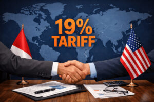 Ilustrasi kesepakatan dagang Indonesia-AS 2026, diplomat handshake dengan tarif 19 persen, bendera Indonesia dan Amerika Serikat, analisis geopolitik