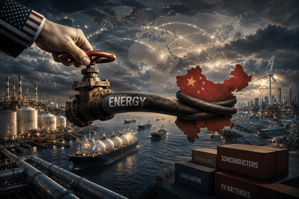 Ilustrasi energi sebagai senjata geopolitik dalam rivalitas Amerika Serikat dan China