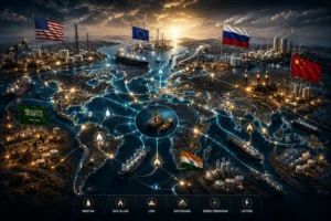 Ilustrasi dunia multipolar dan perebutan energi global antara Amerika Serikat, China, Rusia, dan Eropa
