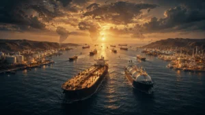 Ilustrasi konflik Iran-AS dan Selat Hormuz sebagai pusat perang energi global