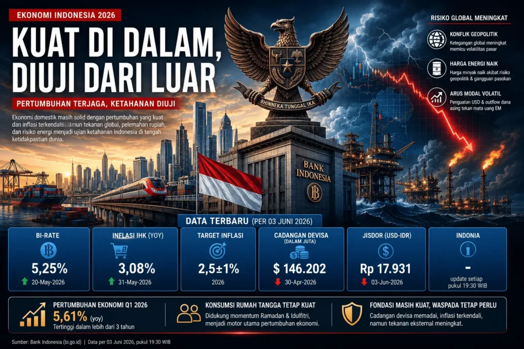 Infografis ekonomi Indonesia 2026: pertumbuhan 5,61% Q1, rupiah melemah Rp16.450/USD, BI Rate naik 5,25%, cadangan devisa USD 146 miliar - analisis ketahanan vs pertumbuhan