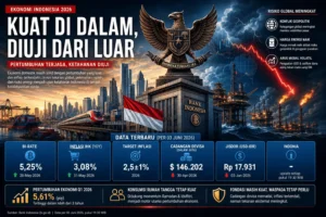 Infografis ekonomi Indonesia 2026: pertumbuhan 5,61% Q1, rupiah melemah Rp16.450/USD, BI Rate naik 5,25%, cadangan devisa USD 146 miliar - analisis ketahanan vs pertumbuhan