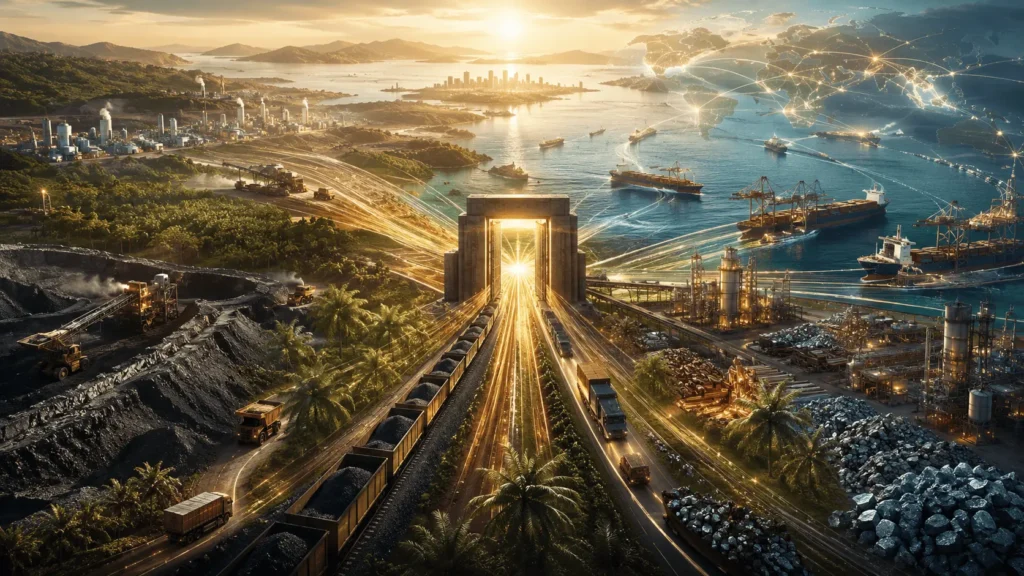 Ilustrasi kebijakan ekspor SDA satu pintu Indonesia melalui PT DSI: batu bara, sawit, ferroalloy, devisa, dan transparansi tata kelola 2026