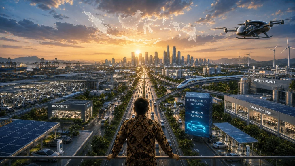 Ilustrasi masa depan industri otomotif Indonesia dengan EV, hybrid, baterai, dan manufaktur lokal