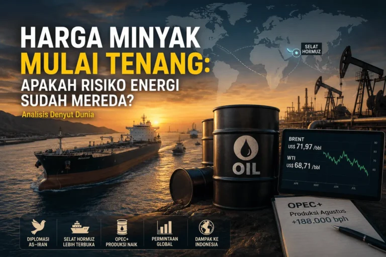 Jalur pelayaran energi global dengan kapal tanker di laut senja sebagai simbol risiko harga minyak global