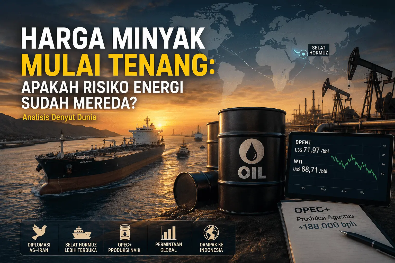 Jalur pelayaran energi global dengan kapal tanker di laut senja sebagai simbol risiko harga minyak global