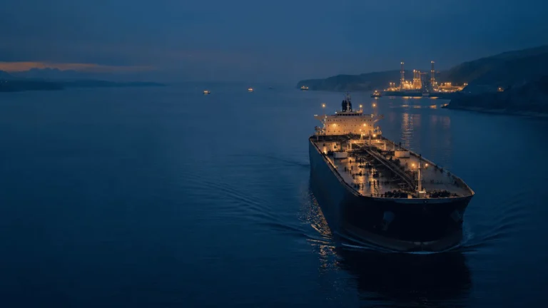 Kapal tanker melintas di jalur laut sempit pada senja sebagai simbol risiko Selat Hormuz dan pasokan energi global.